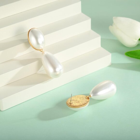 Pearl Drop Earrings Women Vintage Dangle Statement Gold Jewelry Large - Picture 5 of 7